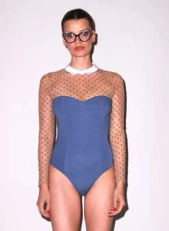Collared Bodysuit with Dotted Tulle