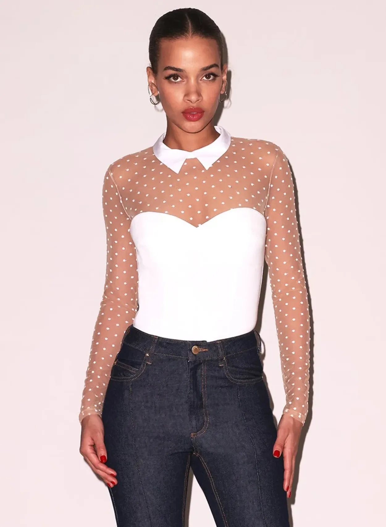 Collared Bodysuit with Dotted Tulle