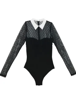 Collared Bodysuit with Dotted Tulle