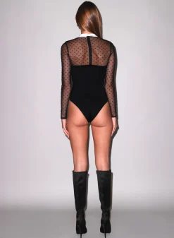 Collared Bodysuit with Dotted Tulle