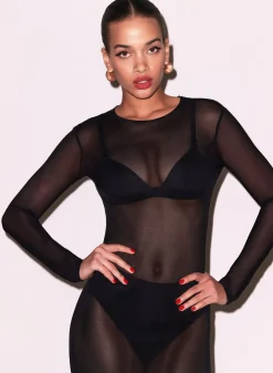 Mesh Long Sleeve Midi Dress