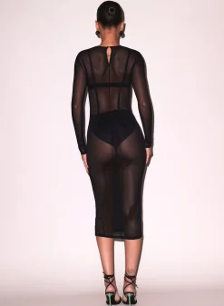 Mesh Long Sleeve Midi Dress