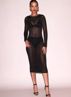 Mesh Long Sleeve Midi Dress