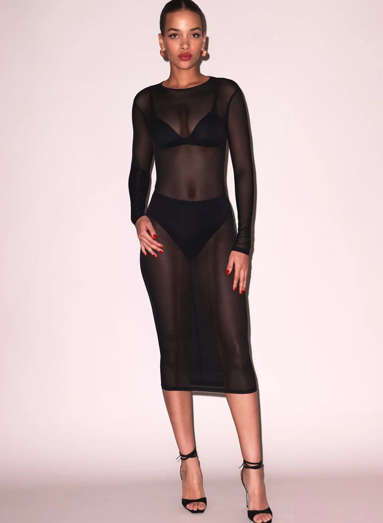 Mesh Long Sleeve Midi Dress