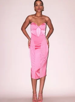 Satin & Mesh Bustier Midi Dress
