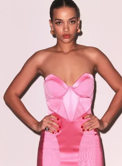 Satin & Mesh Bustier Midi Dress